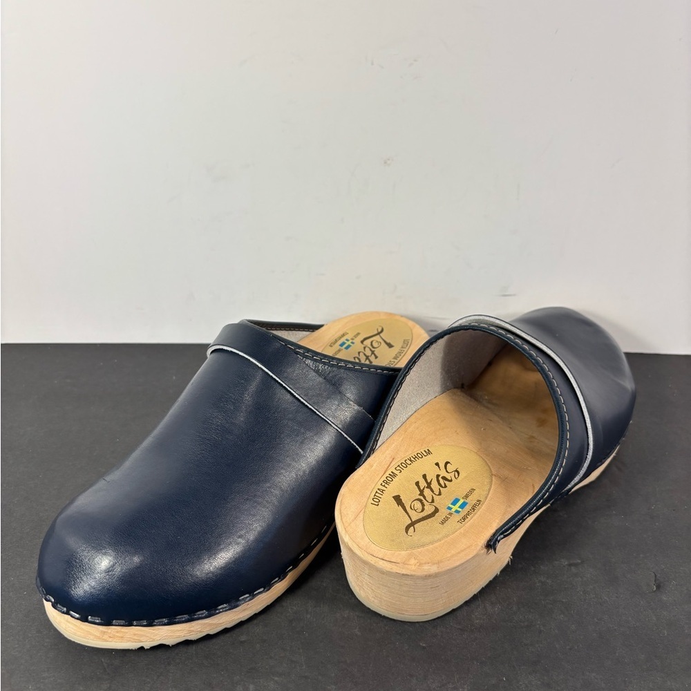 Scandi Lotta From Stockholm Navy Leather Wooden Clogs EU 42 US 11